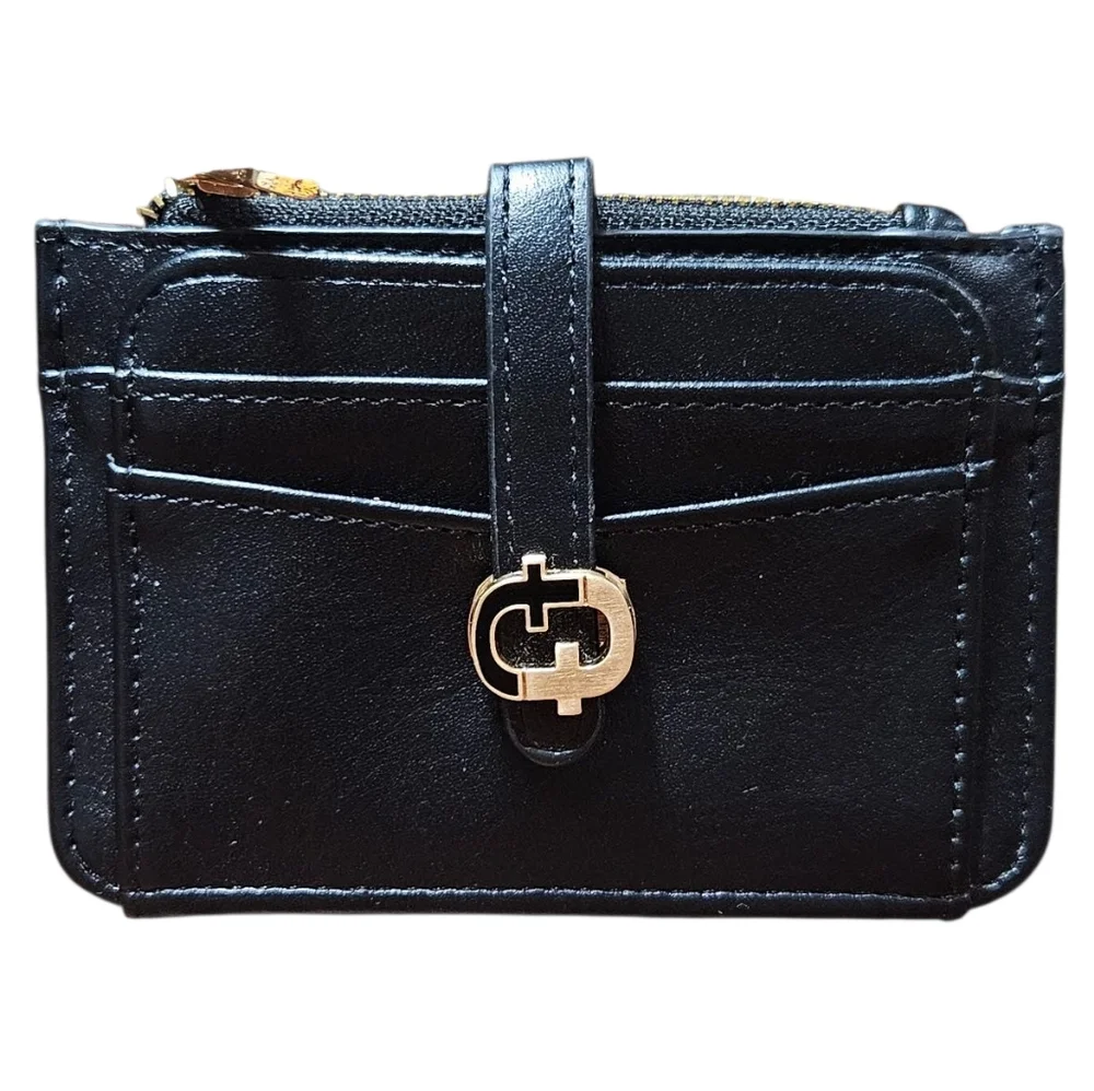 Black Faux Leather Slim Card Holder Wallet with Gold Hardware & ID Window
